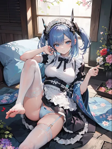 Best Quality, (Extremely detailed: 1.5), masutepiece, 超A high resolution,(photographrealistic:1.4), 1 girl, Cowboy Shot, (G-string underwear:1.4), (Wear battle armor:1.6), (Floral light blue kimono:1.6), (maid:1.6), Light blue maid micro skirt, Light blue ...