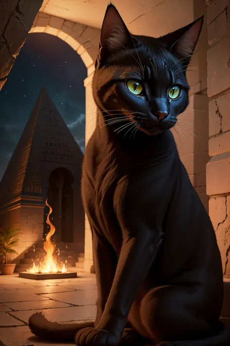 (Detailed description), (ultra Realista), (cinemactic) Gato preto, short hair, olhos verdes, Sentado, olhando de frente ao espectador, inside an Egyptian pyramid, night,fire lights, reflexo nos olhos, arte vista de frente, gato no centro do enquadramento, ...