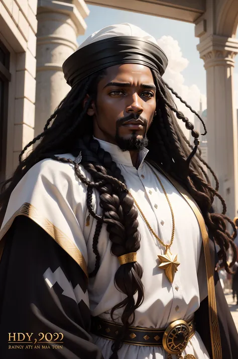 black man  jesus christ black with a very strong divine light on his head long hair rasta fary honey brown eyes in white traditional clothes of the time quality 4k hd super realistic cinematic portrait in a city in todays times 2023 a poster with the words...