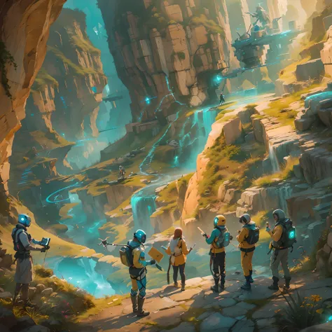 Create a captivating illustration of a team of brilliant scientists adorned in futuristic attire, as they navigate through the mesmerizing landscape of Cybernetic Canyon. Portray them in awe-inspiring poses, engaged in various scientific activities such as...