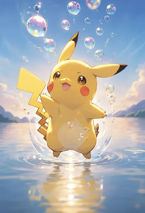 An inspiring scene in ultra-high definition 3D showing Pikachu making a wish on the shore of a tranquil lake. Pikachu, Beautifully rendered down to the smallest detail, Bubbles are seen gently blowing into the air, Each has a hopeful wish. Bubbles capture ...