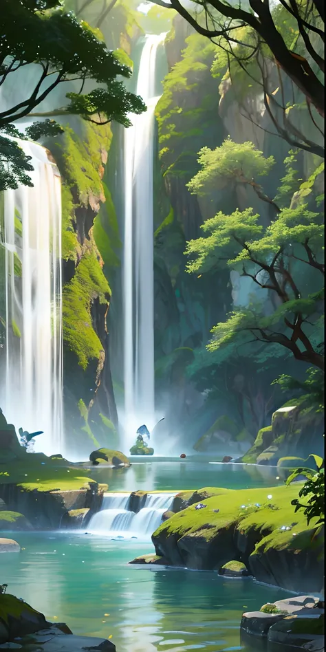 Chinese ancient times, spring, jungle, lake, cave, waterfall, tree, meadow, rock, deer, hot spring, water vapor, (illustration: 1.0), epic composition, realistic lighting, HD details, masterpiece, best quality, (very detailed CG unified 8k wallpaper), ((fe...