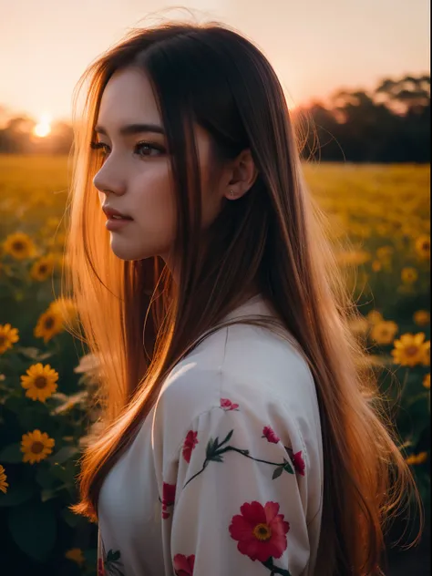 (((cinematic portrait))), young woman, vibrant hair, colourful blooming flowers, sunset, warm light, serene expression 00 --ar 3:2 --c 30 --s 2