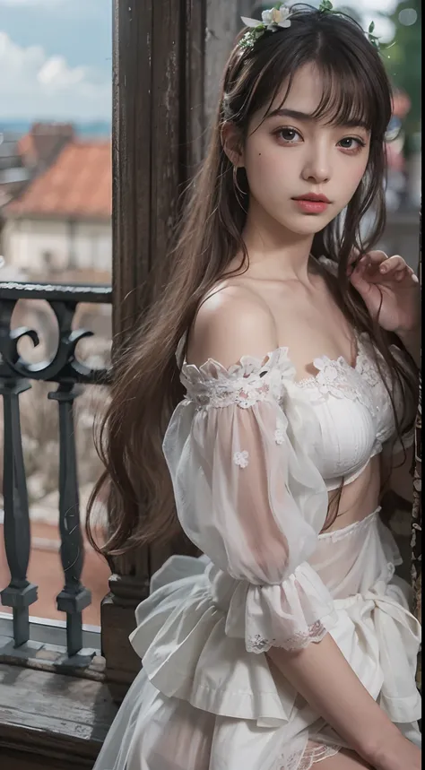 （8K， RAW photos， best qualtiy， tmasterpiece：1.2），（realisticlying， photograph realistic：1.4)
(Lolita costume)，Lace， Aerith Gainsborough， The upper part of the body， undergarments，exposed bare shoulders， do lado de fora， Old castle，Brown hair， high high qual...