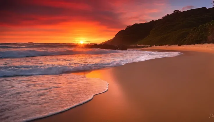 Beach at sunset, desfocada, com o sol com tons vermelhos, and clouds scattered across the sky. It needs to bring a sense of peace and serenity