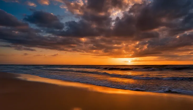 Beach at sunset, desfocada, com o sol com tons vermelhos, and clouds scattered across the sky and footprints in the sand going to the horizon. It needs to bring a sense of peace and serenity