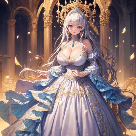 (masterpiece, best quality,extremely detailed:1.1),(moe anime art style:1.2),1girl,((full body)),((solo)), cute, kawaii,digital art,((1 bling-bling anime princess wearing beautiful embroidery and jeweled ruffled gorgeous princess ballgown with voluminous f...