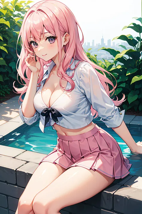 1 girl in、Cute Beautiful Girl、((Schoolgirl Uniform))、((summer clothing))、The blouse is unbuttoned、White blouses、shortsleeves、lightly dressed、Thin fabric clothes、Navy blue micro mini skirt、(((show off cleavage)))、((Colossal tits))、seductiv、Little Goddess、Yo...