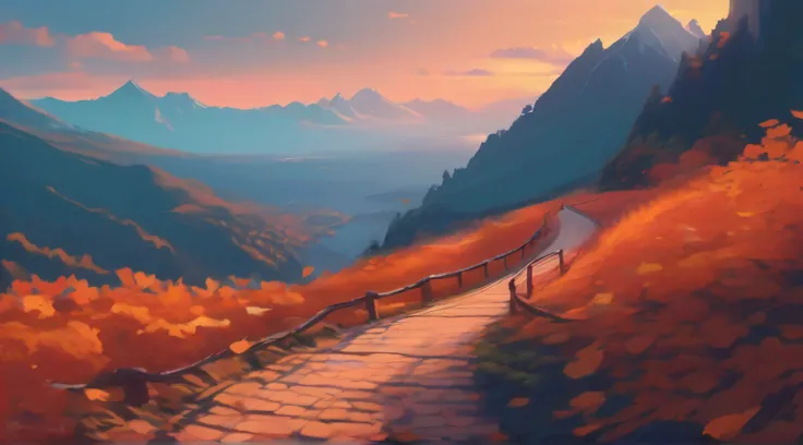 Fallen leaves on the path in the mountains, Atey Ghailan 8 K, inspired by Sylvain Sarrailh, Makoto Shinkai Cyril Rolando, concept art wallpaper 4K, digital painting concept art, Cyril Rolando and Goro Fujita, inspired by Atey Ghailan