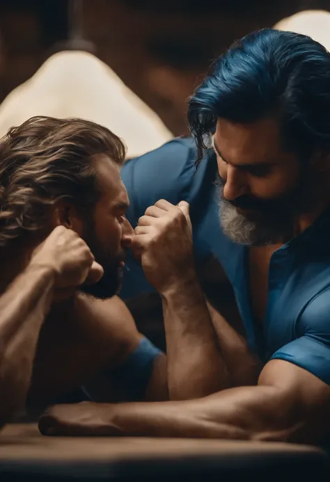 Uma taverna, uma mesa no meio, imagem do ambiente, homem magro, cabelo curto, cabelo azul, barba azul, capa cobrindo corpo tudo, Fighting arm wrestling, corpo todo