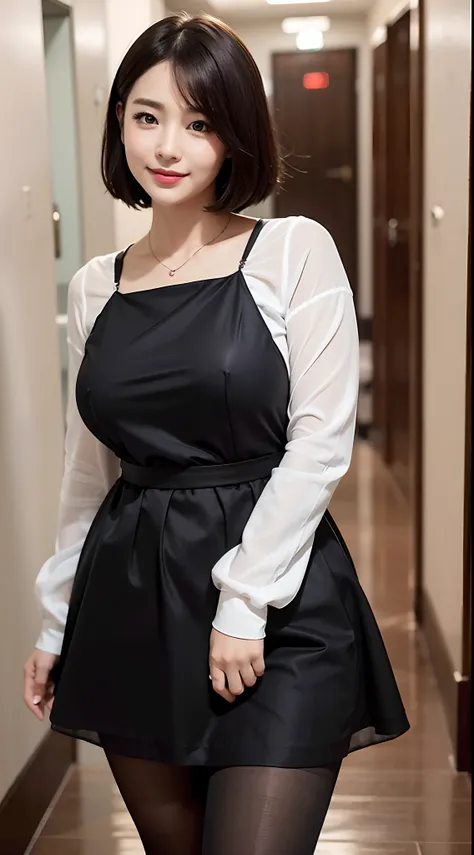 face is :9,2568750808], Realistic College Girl、chubby figure、stature　155cm、Wearing a long formal dress、(Wearing pantyhose,Realistic Pantyhose)、Walk down the hallway to your room、A smile、maternal、Gentle smile、Raw photo, (8K、top-quality、​masterpiece:1.2)、(in...