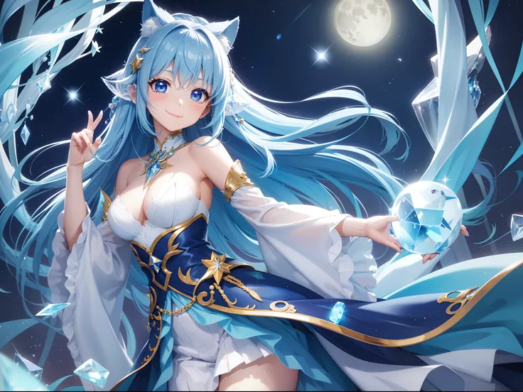 Chibichara、a smile、Blue Long Hair、Engaging pose、Blue costume、Fantasia、Luminous Crystal、constellation、a moon、face lights、Crystal Light