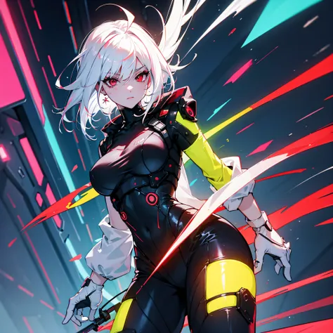 bright and colorful colors，white-haired girl，heightened sexuality，cyberpunk character，red-eyes ， fine lines