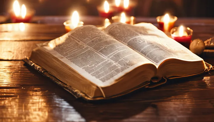 an open Bible on a table, com uma luz brilhando nela