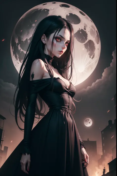 (masterpiece), A very pal humanoid character hovering above, with red eyes, her name is, horror, she is creepy, she is scary, shock value, very evil, she is skinny, evoke, fear, terror, dread, decay, disgust, dark, unusually thin, thin, scraggly, emaciated...