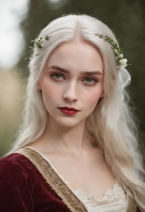 (((a deep reddish wound crosses her left cheek))) fair complexion, woman around 19 years old, natural white hair, distinctive green eyes, wearing kohl, slender and graceful, beautiful, candlelight in a medieval setting, ultra sharp focus, realistic shot, m...