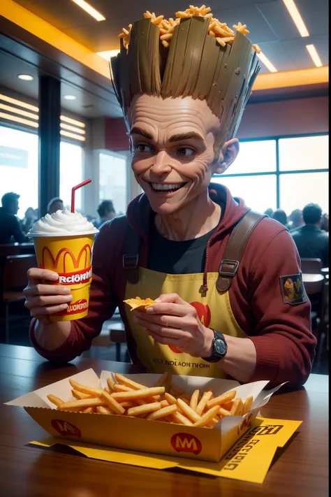 I imagine a cinematic scene with Groot, o personagem da Marvel, sitting at a McDonalds table. Hes holding a packet of crispy, golden chips with a happy smile on his face. The fries are arranged on an iconic red and yellow McDonalds tray, adding a touch of ...