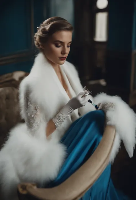 Buttonholes，Blue shawl，Short white dress，Wear white gloves，Holding a syringe