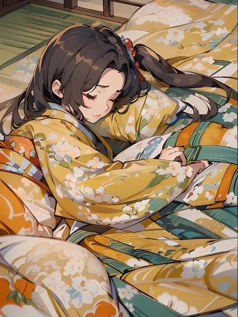 (masterpiece1.5),hyper quality, Hyper Detailed,Perfect drawing,Beautuful Women、Sleep with your eyes closed、(((beautiful kimonos)))、(((Luxury kimono)))、3D、8K Illustration、(clearface)、Hi-Res、nice background、beatiful backgrounds、(((Detailed drawing)))、Perfect...