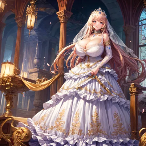 (masterpiece, best quality,extremely detailed:1.1),(moe anime art style:1.2),1girl,((full body)),((solo)), cute, kawaii,digital art,((1 bling-bling anime princess wearing beautiful embroidery and jeweled ruffled gorgeous princess ballgown with voluminous f...