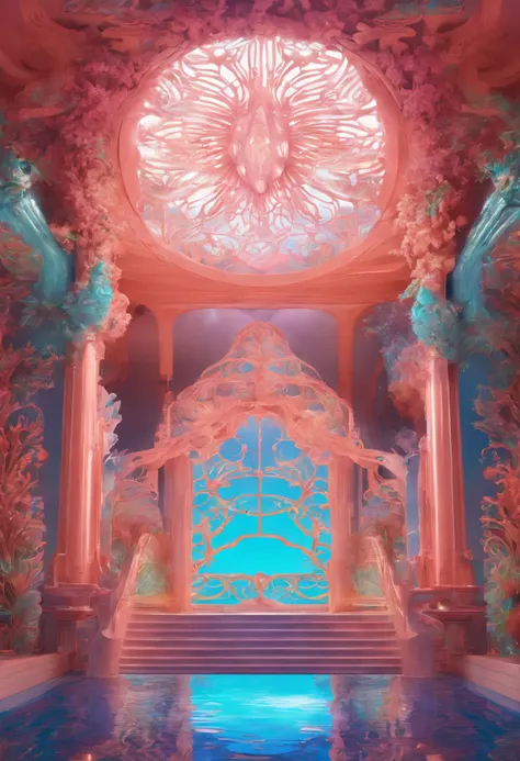 Virtual scene design, coral art installation above the blue ocean, galvanized fiberglass with rainbow gradient, surreal visual representation, magnificent architecture, unique, intricate, exquisite details,（blender, oc rendering, natural light, ray tracing...