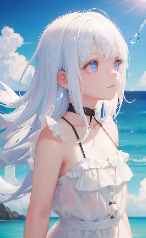 A little girl with white hair（A little girl with white hair，Has a beautiful pair of delicate eyes。）red color eyes，The depth of field in the photo was perfect，Lens flare adds a nice touch。The delicate details on her face really stand out，score because this ...