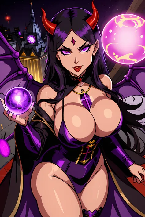 Lisa Ann: The evil nun, Demon horn, Demon wings on the head , sexy robe de nonne, His hands preparing a sphere of purple energy, diabolique, insidieux, His powerful magic hits the buildings of a city , Context of the Satanic Church, detailled eyes, detaile...