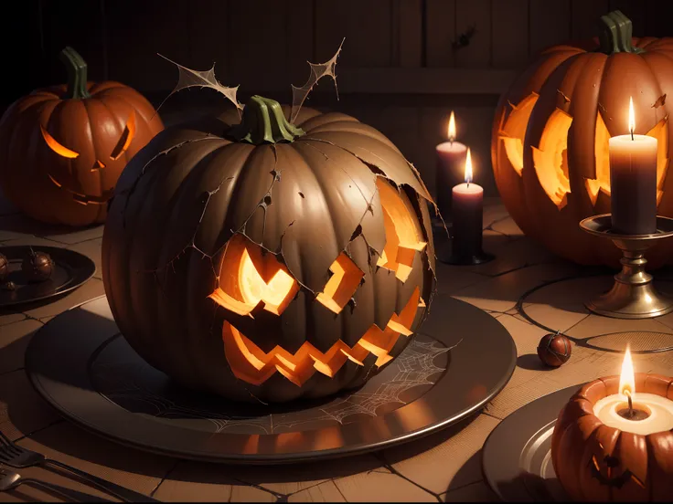 --AR 3:2 --q 2 --v 5.1 hyper realistic pumpkin with cobwebs and spiders in a scary environment with candles, morcegos