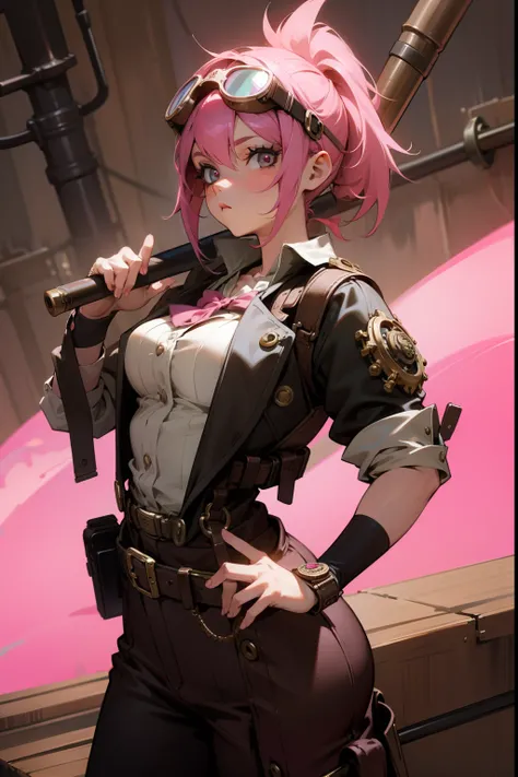 17 year old girl, pink hair, steampunk outfit with pink goggles, holding metal baseball bat, mechanical left hand, absurdres, high res. ultrasharp, 8K, masterpiece, looking at viewer