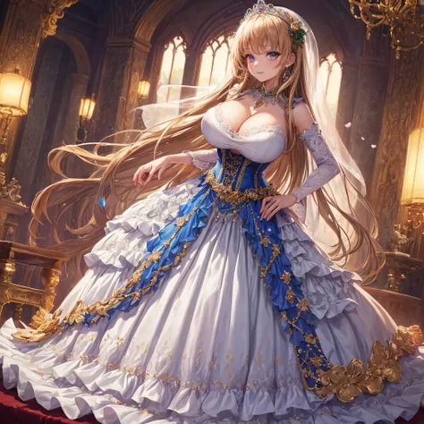 (masterpiece, best quality,extremely detailed:1.1),(moe anime art style:1.2),1girl,((full body)),((solo)), cute, kawaii,digital art,((1 bling-bling anime princess wearing beautiful embroidery and jeweled ruffled gorgeous princess ballgown with voluminous f...