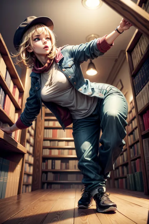 please draw me some sexy cool uppercasee letters dressed with pants, jackets and shoes on dancing on the table in an antic  bookstore., use 4k, hdr and everything in best quality with highest details.