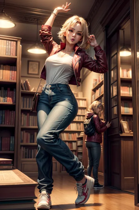 please draw me some sexy cool uppercasee letters dressed with pants, jackets and shoes on dancing on the table in an antic  bookstore., use 4k, hdr and everything in best quality with highest details.