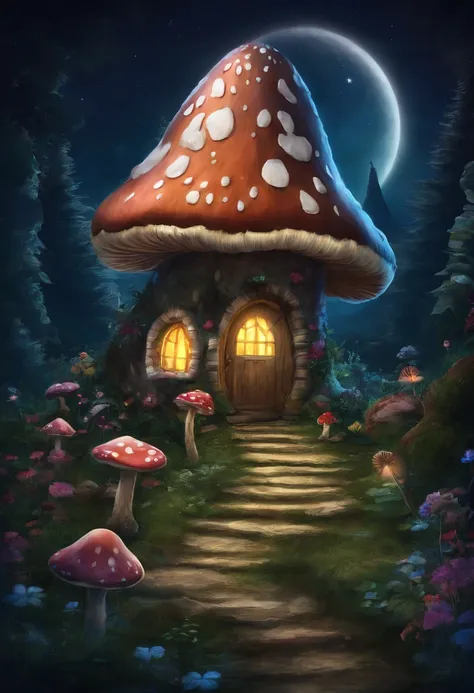 Mushroom hut surrounded by moonlight，Cogumelos, Super realistic