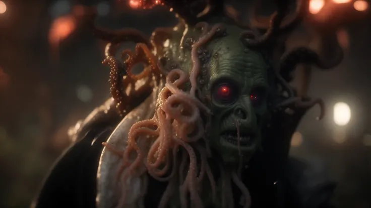 a close up of a person with a strange face and a weird head, many tentacles growing from his face, Criatura marinha lovecraftiana, Green face of an alien cultist, criatura lovecraftiana, decrease image darkness, aumentar a claridade, Increase saturation, a...