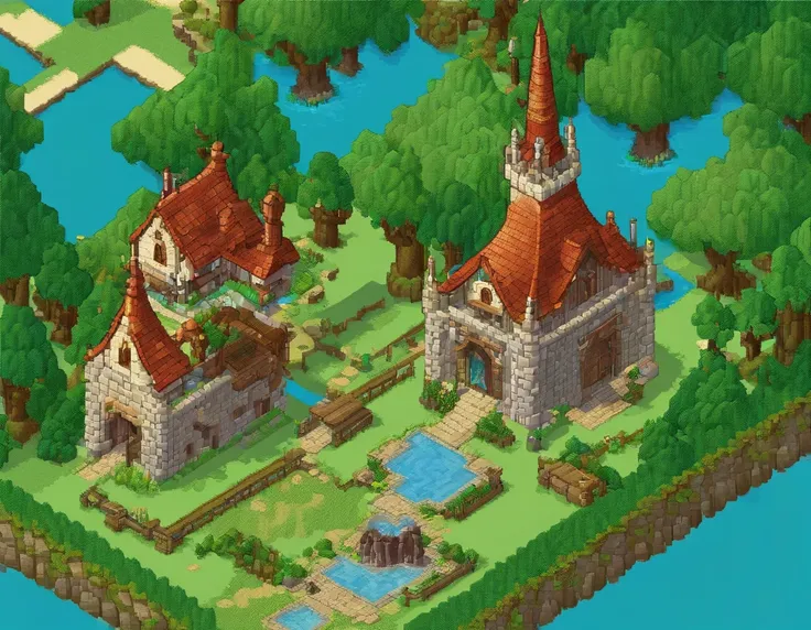 (64 bit pixel art),A game scene of a elven kingdom, green banner, white castle, water fountain, medival fantasy, cloudy sky, pixel art, game loading scene, pixel game, medival house, best quality, masterpiece, trending on Art station, extremely detailed