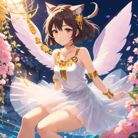 1girl, wearing a white tulle skirt with golden tassels, exquisite face, gold jewelry, gold decoration, black wavy hair, a pair of cat ears that can control water around her, dazzling and colorful, extremely cute, sitting in a cradle full of flowers, Pink M...