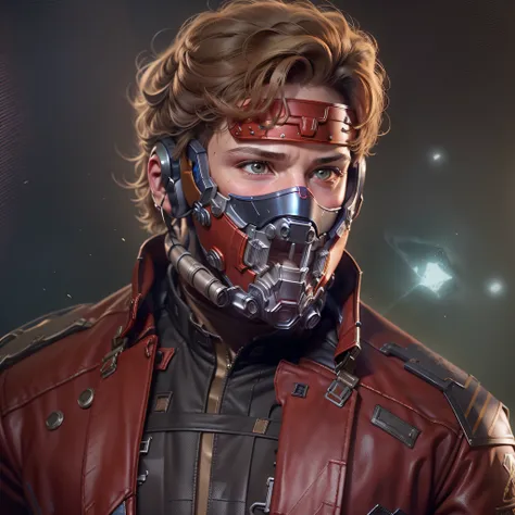 Por favor, use artificial intelligence technology to create an image where I look like Star-Lord (Peter Quill) of the Marvel Cinematic Universe. Start with a photo of me as a base and apply all the iconic features of the character, Like messy hair, o casac...