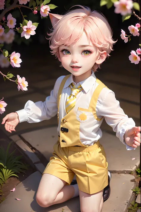 (masterpiece),(best quality),(ultra-detailed), (full body:1.2),
((1boy)),((male)), chibi,cute, smile, open mouth,
flower, outdoors,(light yellow suit), (white shirt), (yellow black striped tie), blush, tree, :3, shirt,pink short hair, blue-green eyes, cher...