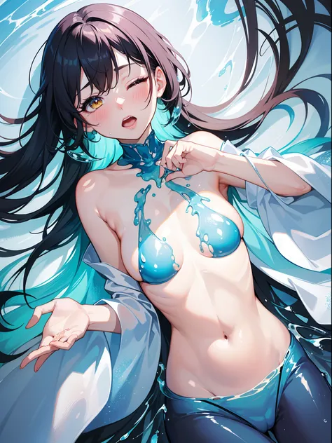 1 girl , (one eye closed), (head_tilt), upper body , (from above:1.2),dutch angle, POV, cute , (nudity),((many blue liquid is dripping from her face)), (surprised), blush, open mouth ,wariza, yellow eyes, black hair, long hair, shiny hair ,small breasts , ...