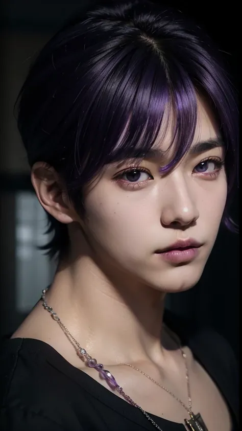 1boy, cute, ((cinematic)) hazy shot of a guy wearing a necklace and a black shirt, (((purple hair))), adorable korean face, prominent jawline, purple lighting in the background