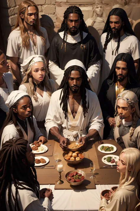 Photo ultra realistic image of the black man Jesus and his 12 apostles at the last supper of
 holy supper wearing original robes,    a base, photo fine features long rastafary hair with her aurea highlighted over her head