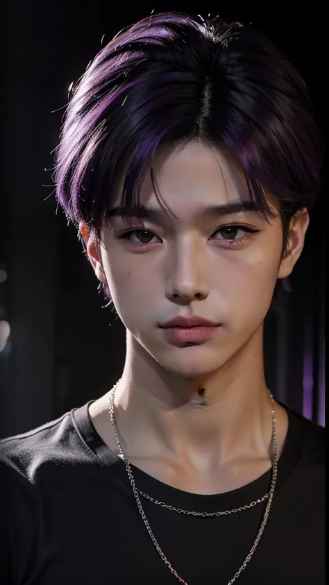 1boy, cute, cinematic shot of a guy wearing a necklace and a black shirt, (((purple hair))), adorable korean face, prominent jawline, purple lighting haze in the background