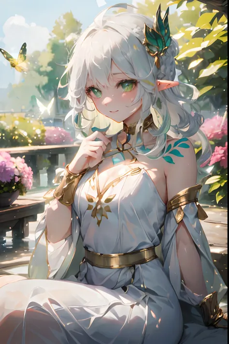 rukkhadevata, elf ears, white hair, very long hair, wavy hair, hair ornament, ahoge, green eyes, medium breast, chest tattoo, gold choker, white dress, golden belt, wide sleeves, detached sleeves, gold trim, hair ornament, outside in a white gazebo, lots o...