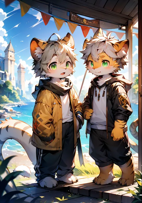 （catss，Gray hair and green pupils，Yellow and white coat color，adolable，vivaciousness，Libido boy，underage,Wear a sweatshirt with a pink pattern，lively and lovely，shorter pants, Wind element，shaggy），Digital artwork with cinematic lighting.A boy，Monosomy anth...