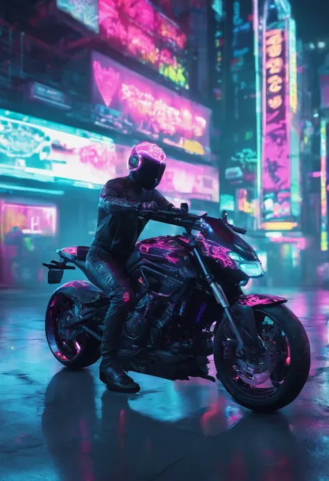 Cyberpunk-style motorcycle, colored in black and neon, featuring intricate and complex mechanical structures with glowing parts. simple background, Photographed by Juergen Teller. Camera model: Sony A9 II. Camera parameters: shutter speed 1/200, aperture f...