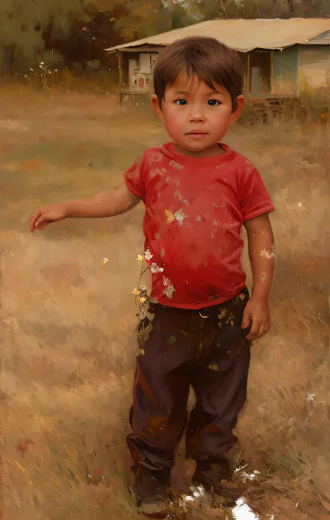 Painting of a boy in a red shirt and brown pants standing in a field, peruvian boy looking, in a oil painting style, joven, little kid, Oil on wood, Oil on Lino, Anton, oil on canvas, Retrato frontal completo, por Sasha Putrya, alejandro, Digital oil on ca...