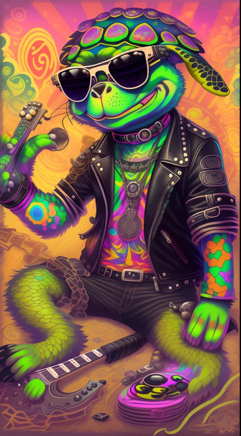 (1 dog （anthropomorphic turtle，））wearing a choker，with tattoos, sunglasses, Black leather jacket,（black glove），guitar，Psychedelic punk artist