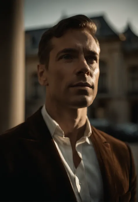 corps entier, wide-angle photo close-up portrait of the body of a handsome man , Grand et en forme, (40 ans:1.1), (shaven:1.2) , (very short brown hair:1.5),(very short hair:1.6). Dark brown tight velvet suit, (La veste a des motifs de fleurs noires:1.2). ...