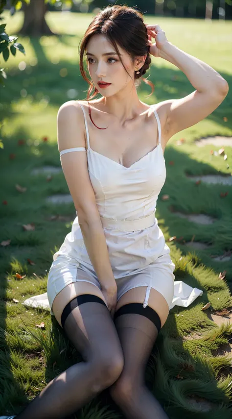 hair tying up，mature，Heavy makeup，Clear red stockings，On the lawn