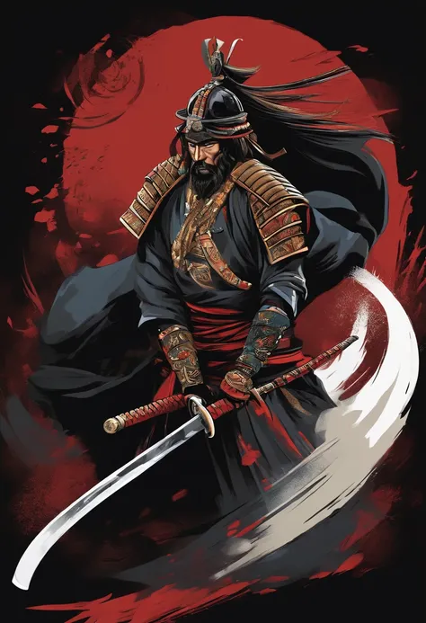 samurai com uma espada   fullbody  hd   ,t-shirt  DESIGN ART  png center , perfect draw Karel Appel
 ,  Captivating Illustrations ,,BLACK BACKGROUND  ,ARt CENTER   PNG, no text ,perfect proportions harmony colors